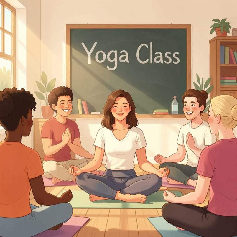 AI generated image of a woman with her legs crossed in lotus position and wearing yoga exercise clothes in a classroom with four yoga students also seated in lotus position around her. The chalk board on the wall says "yoga class?.