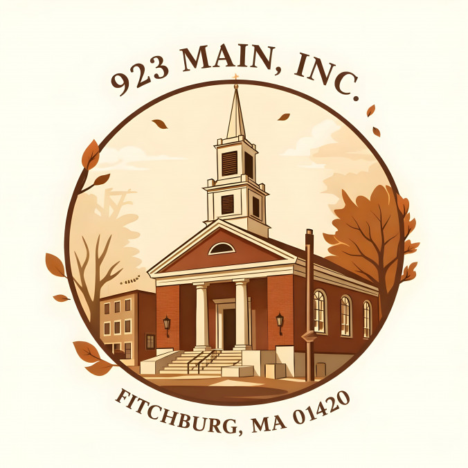 The 923 Main Charity logo is an AI generated illustration of the First Parish Church building in the color of warm bricks or a crisp autumn leaf. The logo is in a circle with a picture of the hstorical tall church building inside. It has tall columns in front and a tall white steeple. The building is inviting and full of warm people.